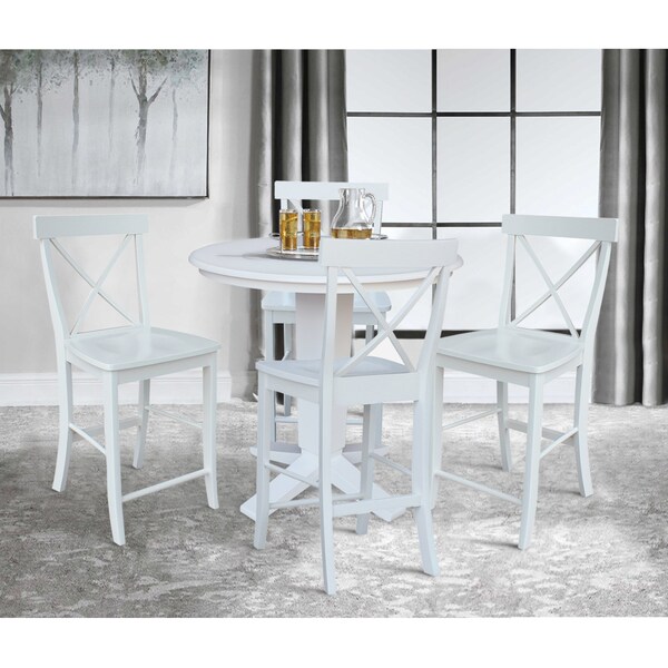 International Concepts 36 in. Solid Wood Round Top Pedestal Dining Table with 4 Counter Height Stools in White - K08-36RT-23B-S6132-4