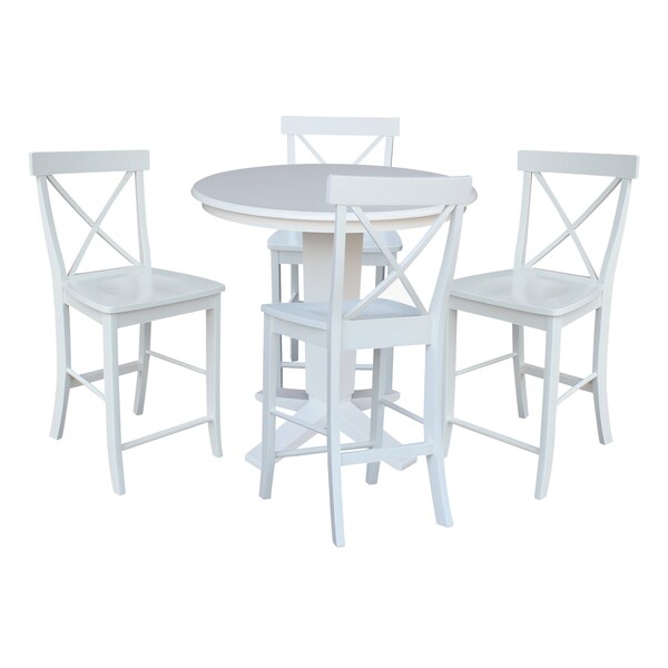 International Concepts 36 in. Solid Wood Round Top Pedestal Dining Table with 4 Counter Height Stools in White - K08-36RT-23B-S6132-4