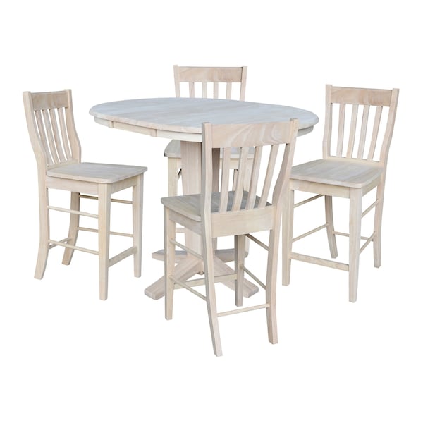 International Concepts 36 in.Round Counter Height Extension Dining Table w/12 in.Leaf and 4 Stools in Unfinished-5 Pc. Set - K-36RXT-23B-S6162-4