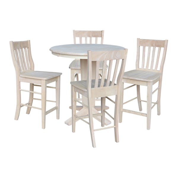 International Concepts 36 in.Round Counter Height Extension Dining Table w/12 in.Leaf and 4 Stools in Unfinished-5 Pc. Set - K-36RXT-23B-S6162-4