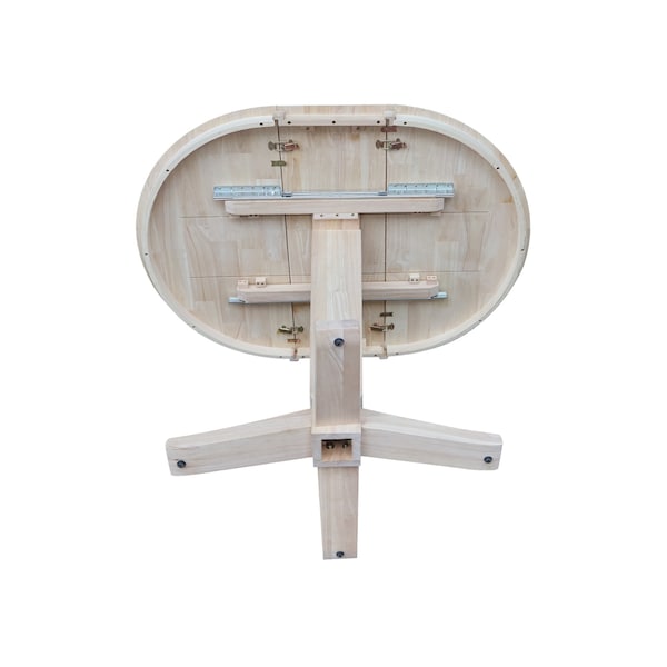 International Concepts 36 in.Round Counter Height Extension Dining Table w/12 in.Leaf and 4 Stools in Unfinished-5 Pc. Set - K-36RXT-23B-S6162-4