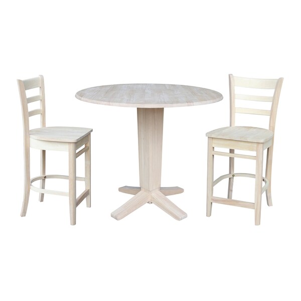 International Concepts 42 in Round Drop Leaf Counter Height Dining Table with 2 Stools in Unfinished - 3 Piece Set - K-42DPT-23B-S6172-2