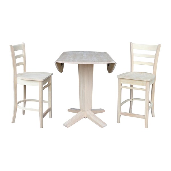 International Concepts 42 in Round Drop Leaf Counter Height Dining Table with 2 Stools in Unfinished - 3 Piece Set - K-42DPT-23B-S6172-2