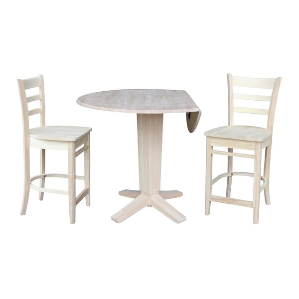 International Concepts 42 in Round Drop Leaf Counter Height Dining Table with 2 Stools in Unfinished - 3 Piece Set - K-42DPT-23B-S6172-2