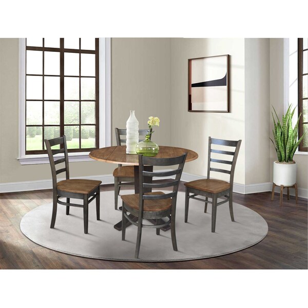 International Concepts 42 in. Solid Wood Round Drop Leaf Pedestal Table with 4 Dining Chairs in Hickory/Washed Coal - K45-42DPT-23B-C617-4