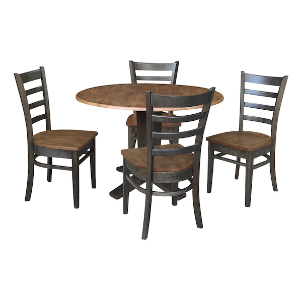 International Concepts 42 in. Solid Wood Round Drop Leaf Pedestal Table with 4 Dining Chairs in Hickory/Washed Coal - K45-42DPT-23B-C617-4