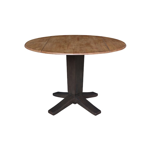 International Concepts 42 in. Solid Wood Round Drop Leaf Pedestal Table with 4 Dining Chairs in Hickory/Washed Coal - K45-42DPT-23B-C617-4