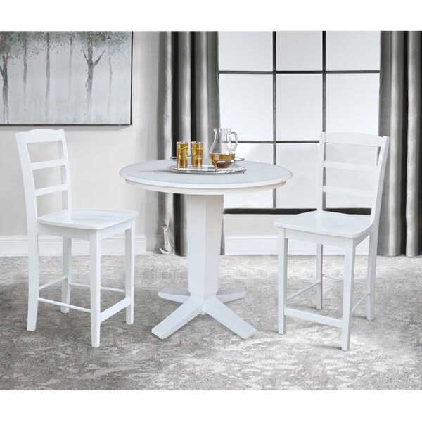 International Concepts 36 in. Solid Wood Round Top Pedestal Dining Table with 2 Counter Height Stools in White - K08-36RT-23B-S402-2