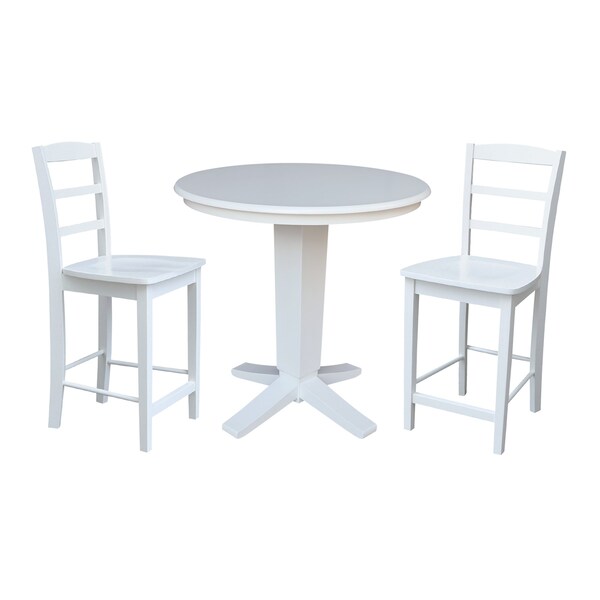 International Concepts 36 in. Solid Wood Round Top Pedestal Dining Table with 2 Counter Height Stools in White - K08-36RT-23B-S402-2