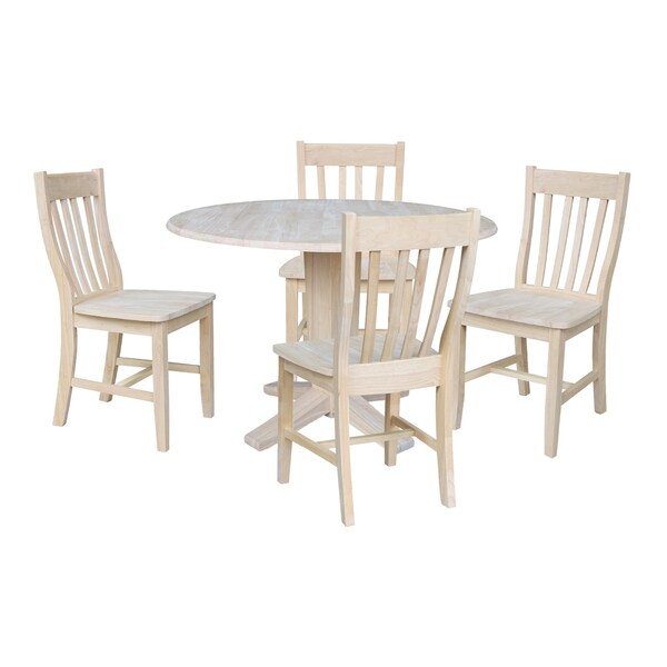 International Concepts 42 in Round Drop Leaf Pedestal Table with 4 Dining Chairs in Unfinished - 5 Piece Set - K-42DPT-23B-C61-4