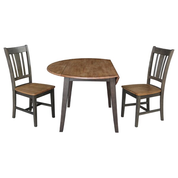 International Concepts 42 in. Solid Wood Round Dual Drop Leaf Dining Table with 2 Chairs in Hickory/Washed Coal - K45-42DL-C10-2