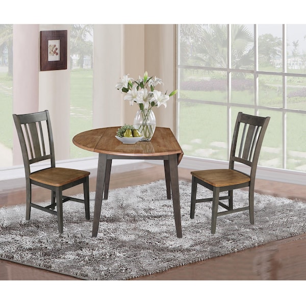 International Concepts 42 in. Solid Wood Round Dual Drop Leaf Dining Table with 2 Chairs in Hickory/Washed Coal - K45-42DL-C10-2