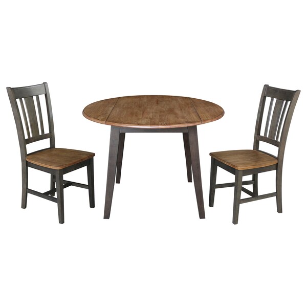 International Concepts 42 in. Solid Wood Round Dual Drop Leaf Dining Table with 2 Chairs in Hickory/Washed Coal - K45-42DL-C10-2
