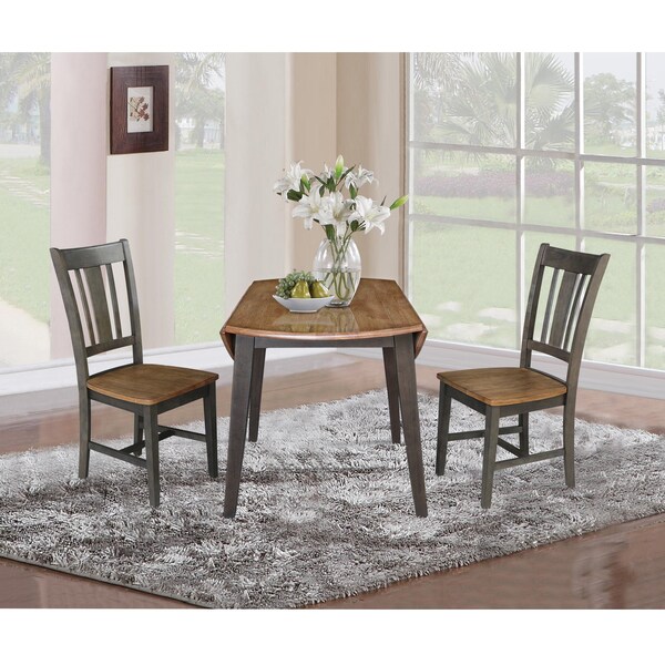 International Concepts 42 in. Solid Wood Round Dual Drop Leaf Dining Table with 2 Chairs in Hickory/Washed Coal - K45-42DL-C10-2