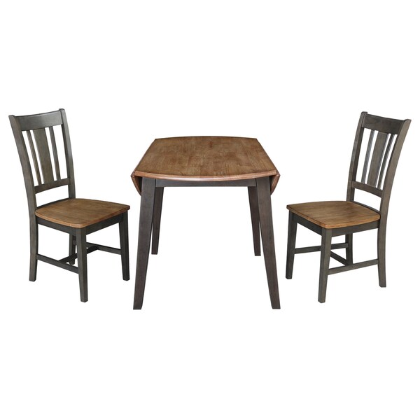 International Concepts 42 in. Solid Wood Round Dual Drop Leaf Dining Table with 2 Chairs in Hickory/Washed Coal - K45-42DL-C10-2