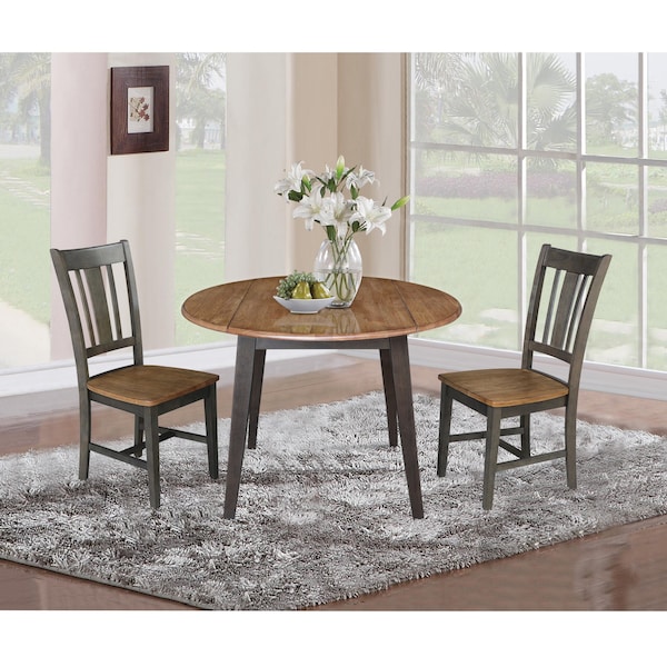 International Concepts 42 in. Solid Wood Round Dual Drop Leaf Dining Table with 2 Chairs in Hickory/Washed Coal - K45-42DL-C10-2