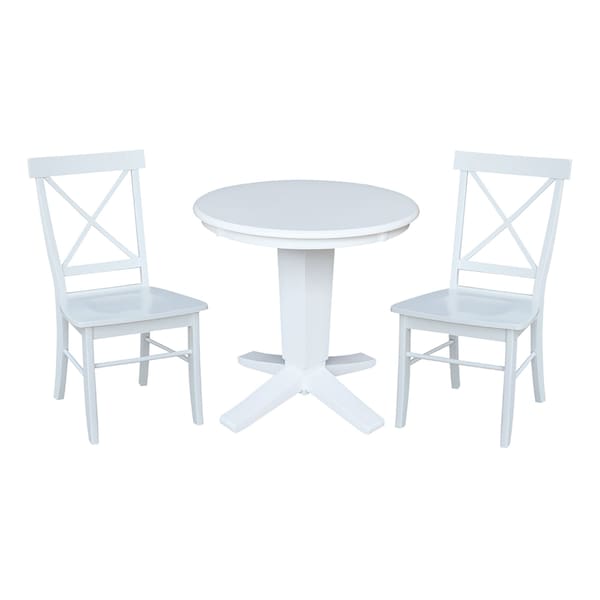 International Concepts 30 in. Solid Wood Round Top Pedestal Dining Table with 2 Chairs, White - K08-30RT-23B-C613-2