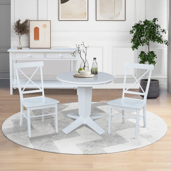 International Concepts 30 in. Solid Wood Round Top Pedestal Dining Table with 2 Chairs, White - K08-30RT-23B-C613-2