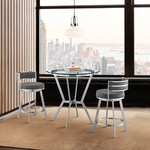 Armen Living Naomi and Roman 3-Piece Counter Height Dining Set in Brushed Stainless Steel and Gray Faux Leather - SETNMRMGRBS3