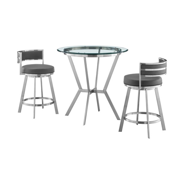 Armen Living Naomi and Roman 3-Piece Counter Height Dining Set in Brushed Stainless Steel and Gray Faux Leather - SETNMRMGRBS3