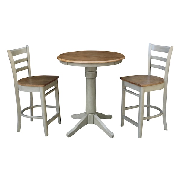 International Concepts Round 30 in Rd Ped Gathering Ht Table, 2 Emily Counter Ht Stools, Hickory/Stone, 30 in W, 30 in L - K41-30RT-27B-S6172-2