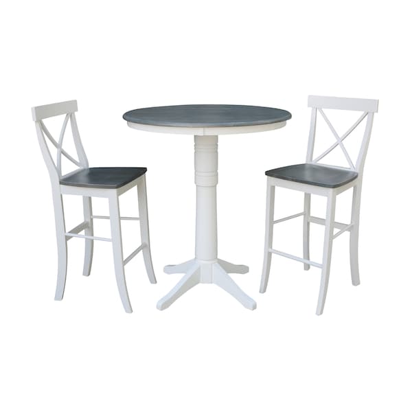 International Concepts Round 36 in Rd Pedestal Bar Ht Table, 2 X-Back Bar Ht Stools, White/Heather Gray, 36 in W, 36 in L - K05-36RT-27B-S6133-2