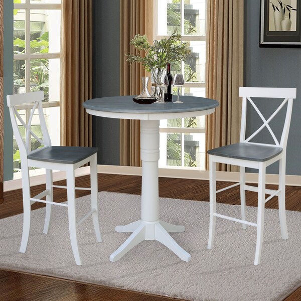 International Concepts Round 36 in Rd Pedestal Bar Ht Table, 2 X-Back Bar Ht Stools, White/Heather Gray, 36 in W, 36 in L - K05-36RT-27B-S6133-2
