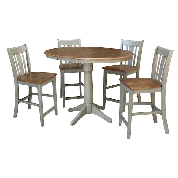 International Concepts Round 36 in Rd Extend Dining Table, 4 San Remo Counter Ht Stools, Hickory/Stone, 36 in W, 48 in L - K41-36RXT-27B-S102-4