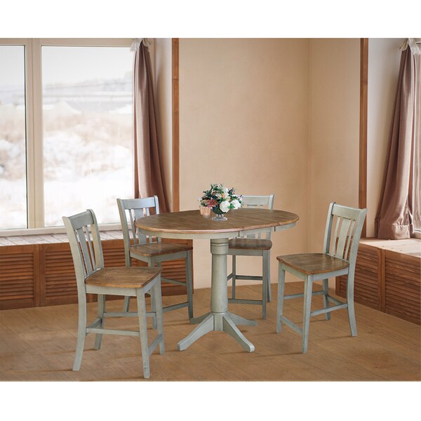 International Concepts Round 36 in Rd Extend Dining Table, 4 San Remo Counter Ht Stools, Hickory/Stone, 36 in W, 48 in L - K41-36RXT-27B-S102-4