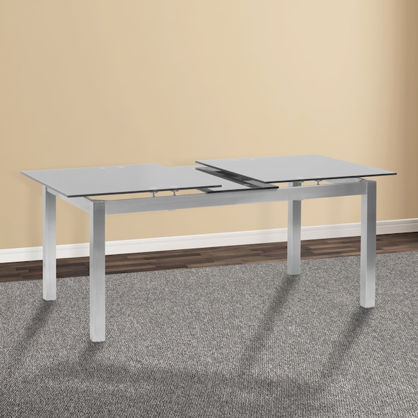Armen Living Ivan Extension Dining Table in Brushed Stainless Steel and Gray Tempered Glass Top - LCIVDIGG