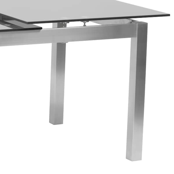 Armen Living Ivan Extension Dining Table in Brushed Stainless Steel and Gray Tempered Glass Top - LCIVDIGG
