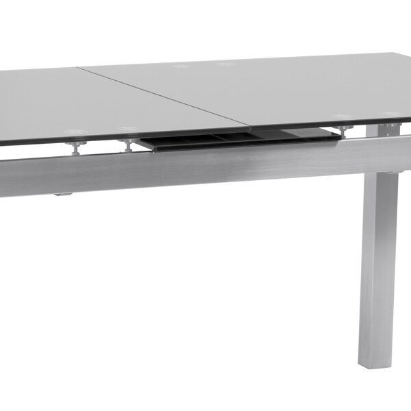Armen Living Ivan Extension Dining Table in Brushed Stainless Steel and Gray Tempered Glass Top - LCIVDIGG