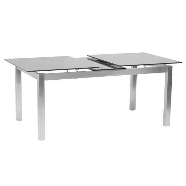Armen Living Ivan Extension Dining Table in Brushed Stainless Steel and Gray Tempered Glass Top - LCIVDIGG