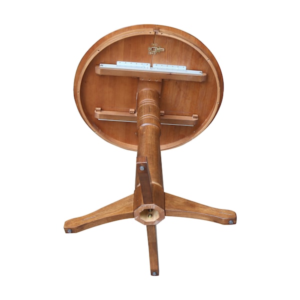 International Concepts Round 36 in Round Top Pedestal Table with 12 in Leaf, 42.1 in H, Distressed Oak, 36 in W, 48 in L - K42-36RXT-27B-6B-2