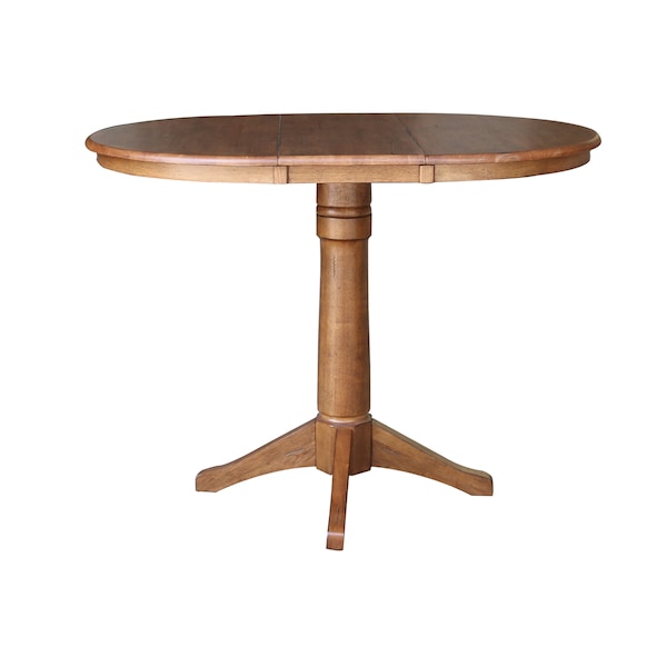 International Concepts Round 36 in Round Top Pedestal Table with 12 in Leaf, 42.1 in H, Distressed Oak, 36 in W, 48 in L - K42-36RXT-27B-6B-2