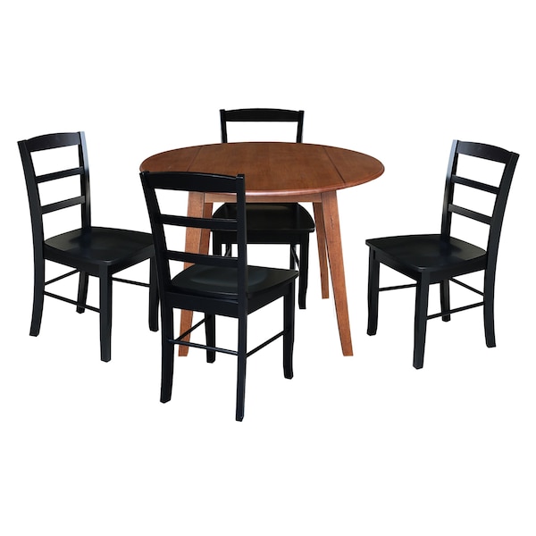 International Concepts 42 in. Solid Wood Round Dual Drop Leaf Dining Table with 4 Chairs in Distressed Oak/Black - K42-42DL-C46-2-4
