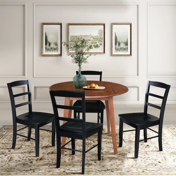 International Concepts 42 in. Solid Wood Round Dual Drop Leaf Dining Table with 4 Chairs in Distressed Oak/Black - K42-42DL-C46-2-4