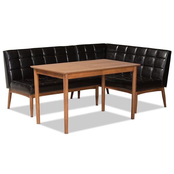 Baxton Studio Sanford Mid-Century Dark Brown Faux Leather and Walnut Brown Finished Wood 3-PC Dining Nook Set - 184-11343-9305-ZORO