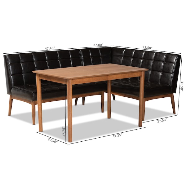 Baxton Studio Sanford Mid-Century Dark Brown Faux Leather and Walnut Brown Finished Wood 3-PC Dining Nook Set - 184-11343-9305-ZORO