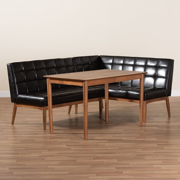 Baxton Studio Sanford Mid-Century Dark Brown Faux Leather and Walnut Brown Finished Wood 3-PC Dining Nook Set - 184-11343-9305-ZORO