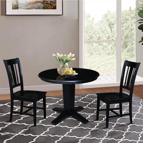 International Concepts 36 in. Solid Wood Round Top Dining Table with 2 Chairs in Black - K46-36RT-23B-C10-2