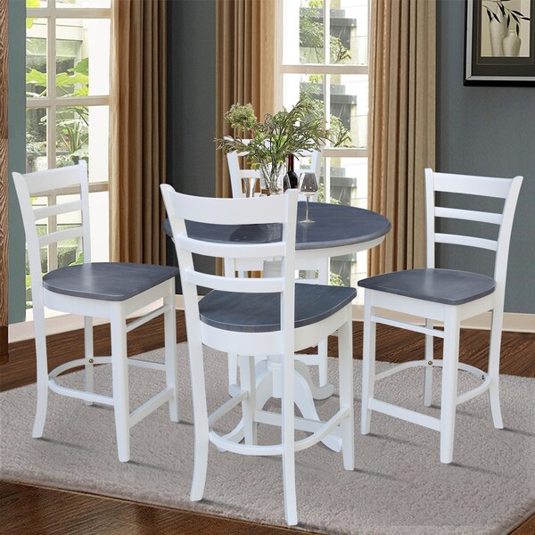 International Concepts 36 in. Solid Wood Round Pedestal Gathering Height Dining Table with 4 Counter Stools in White/Gray - K05-36RT-6B-S6172-4