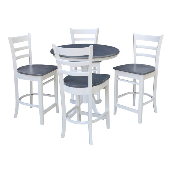 International Concepts 36 in. Solid Wood Round Pedestal Gathering Height Dining Table with 4 Counter Stools in White/Gray - K05-36RT-6B-S6172-4