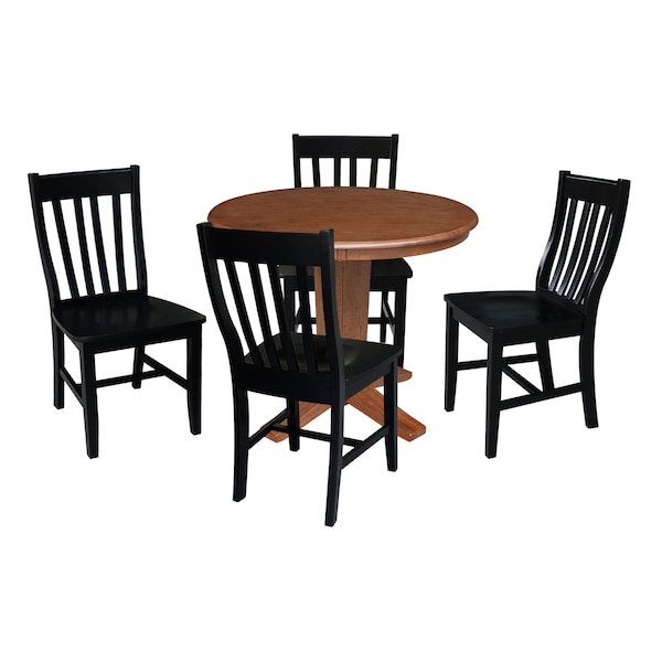 International Concepts 36 in. Solid Wood Round Top Pedestal Dining Table with 4 Chairs in Distressed Oak/Black - K42-36RT-23-C46-61-4