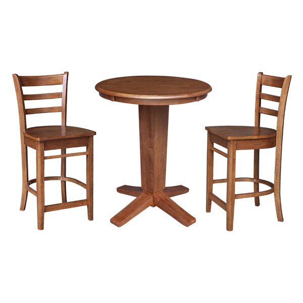 International Concepts 30 in. Solid Wood Round Top Pedestal Dining Table with 2 Counter Height Stools in Distressed Oak - K42-30RT-23B-S6172-2