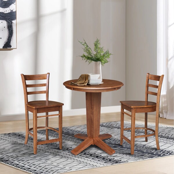 International Concepts 30 in. Solid Wood Round Top Pedestal Dining Table with 2 Counter Height Stools in Distressed Oak - K42-30RT-23B-S6172-2