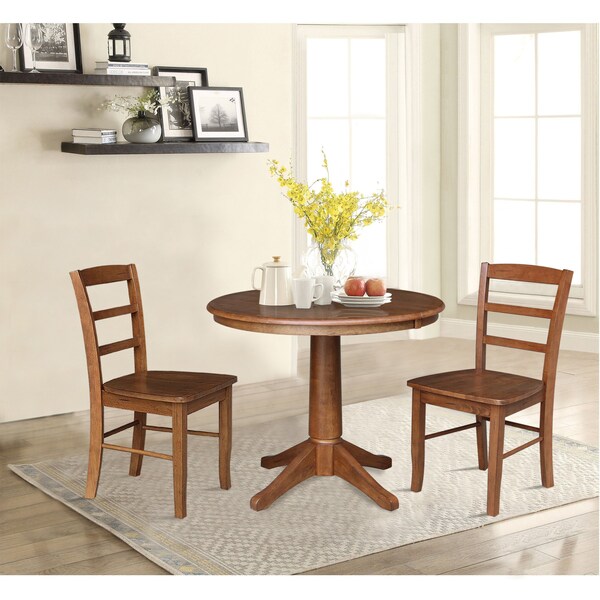 International Concepts 36 in. Round Extension Dining Table with Leaf and 2 Madrid LadderBack Chairs - 3 Piece Dining Set - K42-36RXT-27B-C2-2