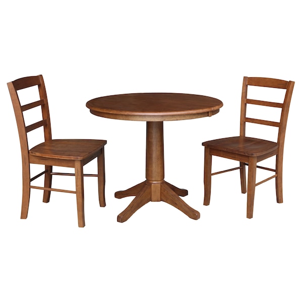 International Concepts 36 in. Round Extension Dining Table with Leaf and 2 Madrid LadderBack Chairs - 3 Piece Dining Set - K42-36RXT-27B-C2-2