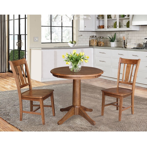 International Concepts Round 30 in Rd Top Pedestal Table, 2 San Remo Chairs, Distressed Oak, 30 in W, 30 in L, 29.9 in H - K42-30RT-27B-C10-2