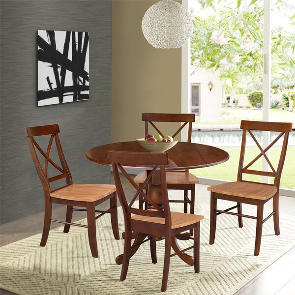 International Concepts 42 in Dual Drop Leaf Dining Table with 4 Cross Back Dining Chairs - 5 Piece Dining Set - K581-42DP-C58-613-4